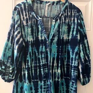 NY Collection Top XL 3/4 sleeves Split collar navy, aqua, white